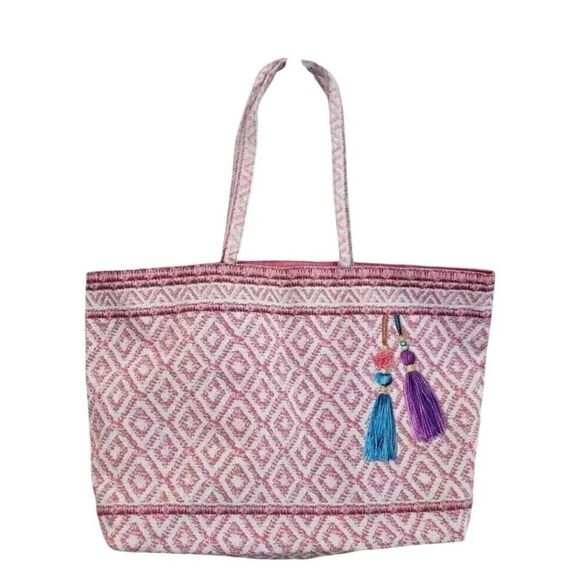 Brand New Estee Lauder Pink Grid Pattern Cotton Fabric Beach Bag Large Tote 2021 - Picture 2 of 2